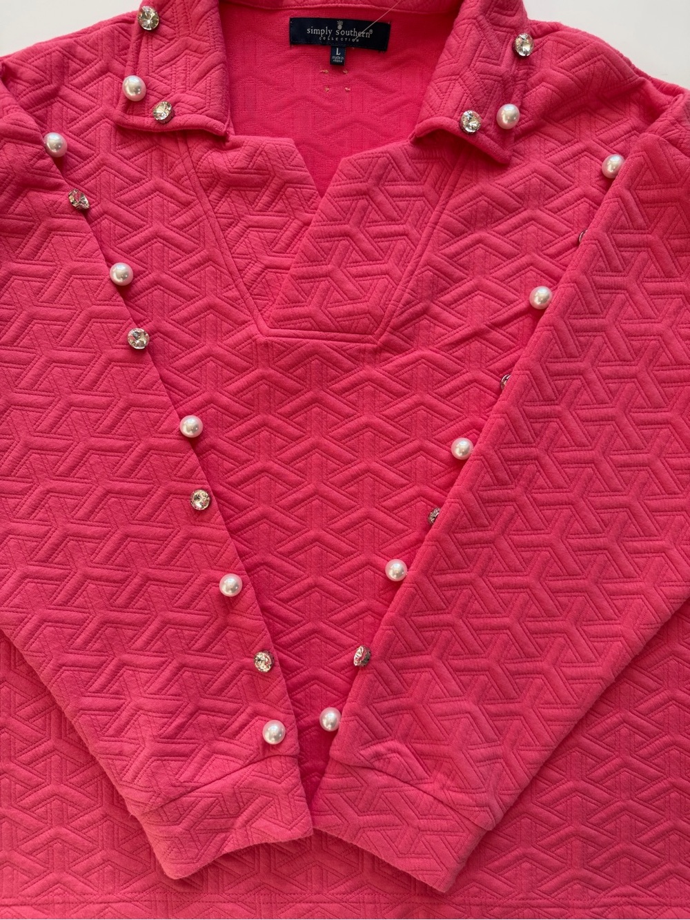 Simply Southern Hot Pink Quilted Knit Pullover w/ Pearl & Rhinestone Accents L - Picture 9 of 11